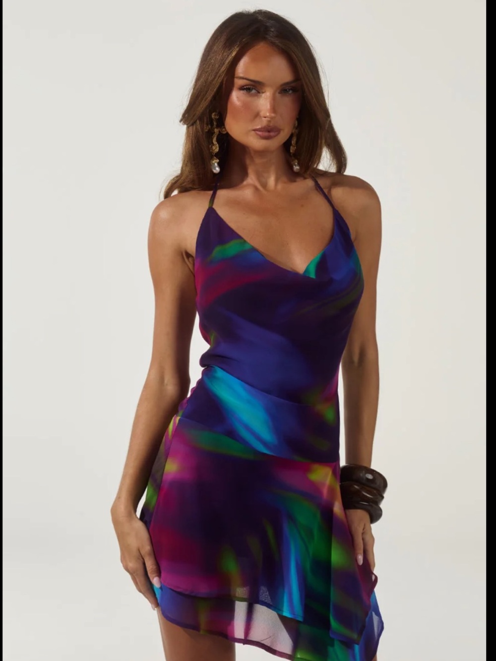 Cowl-Neck Mini Dress in Iridescent Jewel Tones